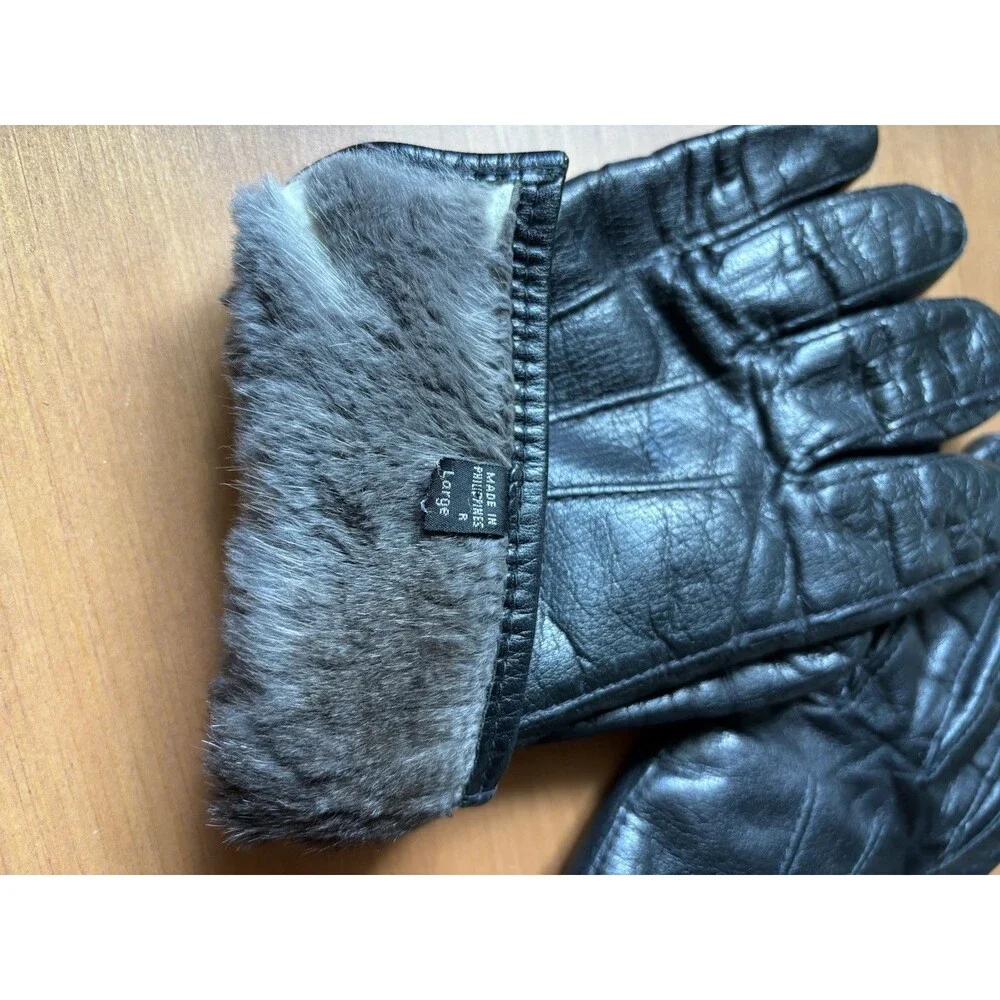 Leather Gloves Black Rabbit Fur Lined Women Large *Read